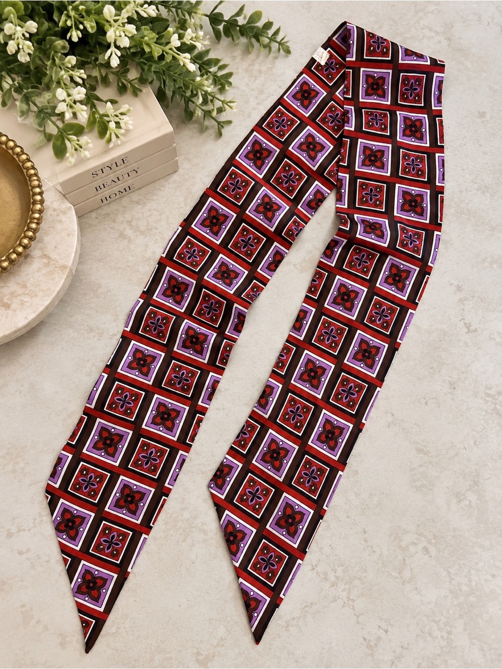 Vintage Symphony Scarfs Silk Scarf 60” Red Purple Brown Floral Geometric 70s Ret